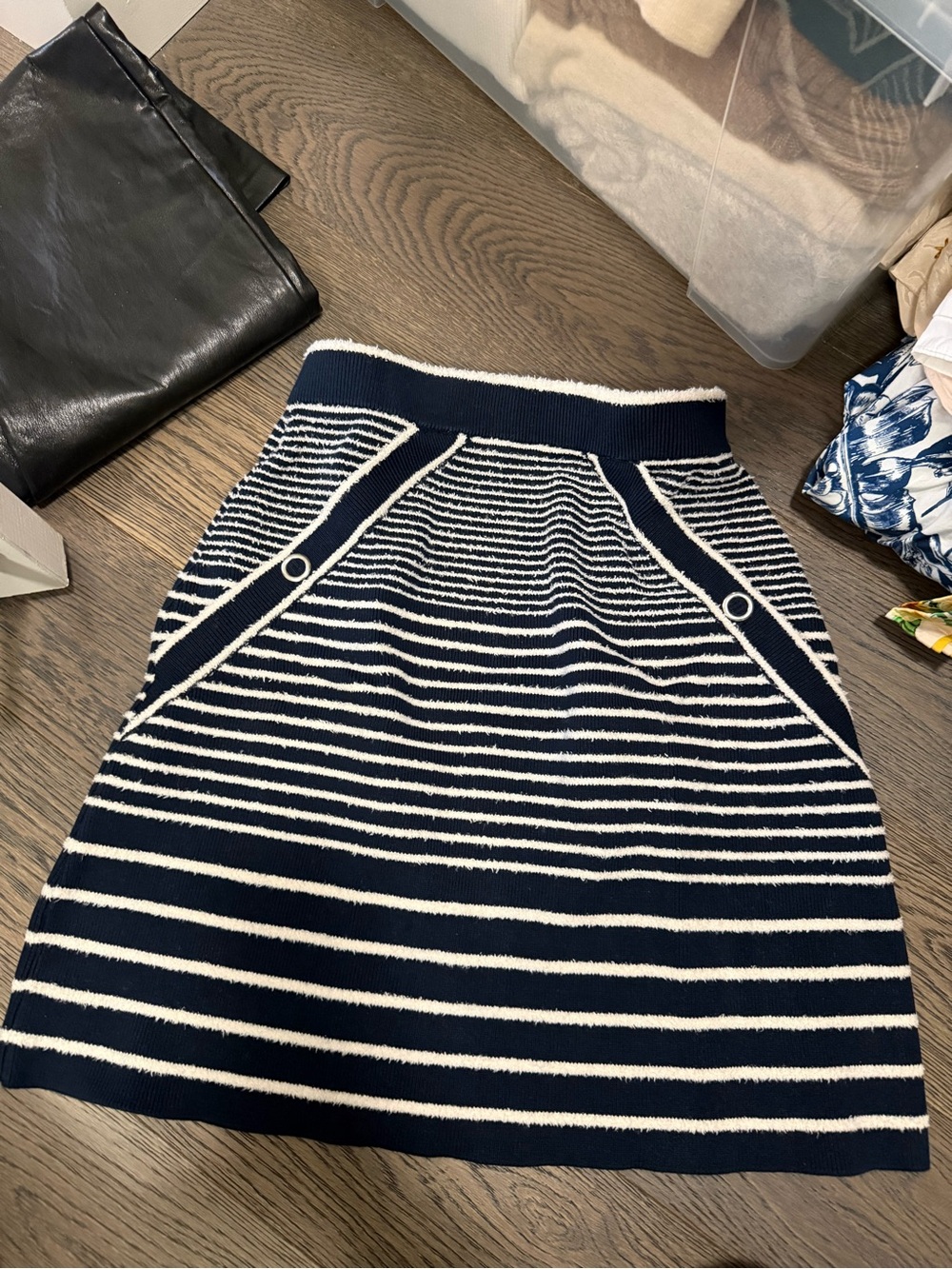 Maje Navy and White Striped Knit Mini Skirt